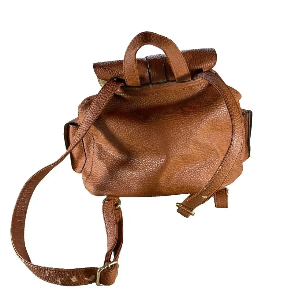 JustFab Brown Faux Leather Mini Backpack Purse Drawstring Flap Buckle Pockets